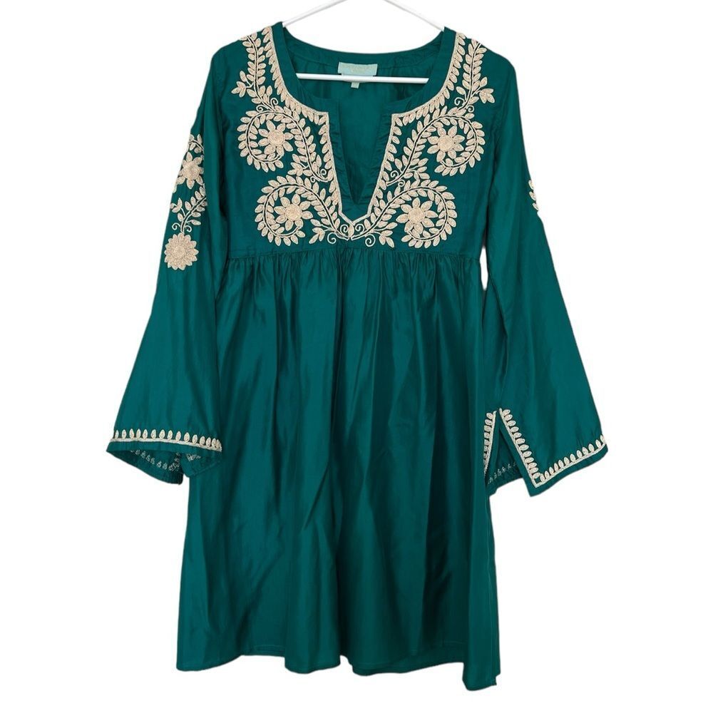 Emerald Green Leaves of Grass Mini Dress with Gold Embroidery